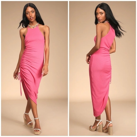 Lulus Dresses & Skirts - Lulu's Break the Rules Pink Ruched Asymmetrical Midi Dress Sleeveless Sz S